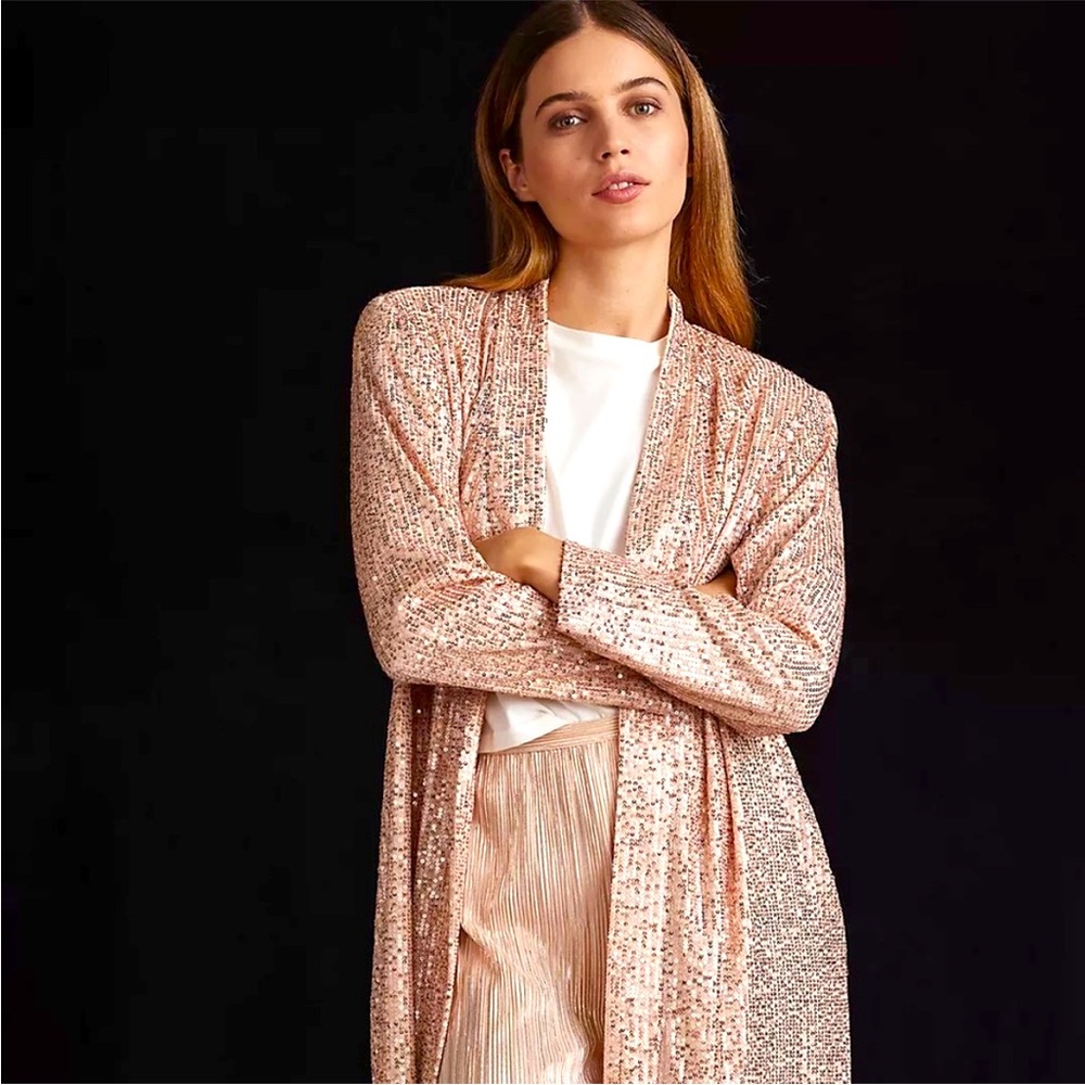 Anthropologie BB Dakota Sequin Duster in Rose Gold. Size Small. NWT